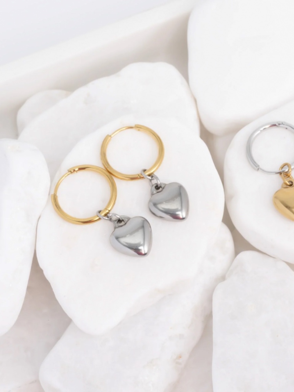 18K Gold PVD Stainless Steel Mixed Metal Huggie Heart Charm